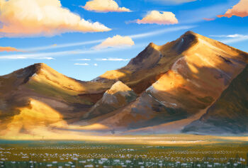 Rule 34 | blue sky, cloud, commentary, day, english commentary, field, flower, flower field, highres, hill, landscape, no humans, original, outdoors, procreate (medium), rajawat, scenery, sky, white flower