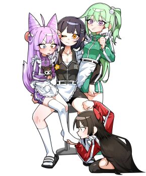 4girls :t ahoge apron arm_around_back asymmetrical_legwear belt belt_buckle black_belt black_hair black_jacket black_sandals black_skirt blue_eyes bob_cut bow breasts buckle cake cake_slice cleavage closed_mouth commentary_request cone_hair_bun double-parted_bangs double_bun eating food food_bite fork fox_girl fox_tail gangzi_(vtuber) green_hair green_jacket hair_bow hair_bun hair_ornament hairclip heart heart-shaped_buckle heterochromia highres holding holding_another's_foot holding_fork jacket kneehighs kneeling korean_commentary long_hair long_sleeves looking_at_foot maid_apron miniskirt multicolored_hair multiple_girls on_stool one_eye_closed one_side_up open_mouth orange_eyes pom_pom_(clothes) pom_pom_hair_ornament purple_eyes purple_hair purple_jacket purple_shorts red_bow red_jacket sammi_(33ammi) sandals shirayuki_hina short_hair short_shorts shorts simple_background sitting sitting_on_lap sitting_on_person skirt socks standing stellive streaked_hair tail tenko_shibuki thighhighs track_jacket v-shaped_eyebrows very_long_hair virtual_youtuber white_apron white_background white_socks white_thighhighs wide-eyed x_hair_ornament yuzuha_riko