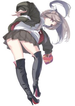 Rule 34 | 1girl, absurdres, black boots, boots, box, brown eyes, brown hair, brown skirt, coat, commentary, fei (feikotake), from behind, green coat, green jacket, heart-shaped box, high ponytail, highres, holding, holding box, hood, hooded sweater, hoodie, jacket, kantai collection, long hair, looking at viewer, looking back, pleated skirt, ponytail, simple background, skirt, solo, sweater, thigh boots, untranslatable commentary, white background, white hoodie, zuihou (kancolle), zuihou (valentine) (kancolle)