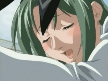 00s 1girl 2005 animal_ears animated animated_gif bible_black bible_black_only blue_eyes blush closed_eyes fence green_hair implied_sex ito_mika long_hair lowres out-of-frame_censoring outdoors rabbit_ears school school_uniform sunset tagme