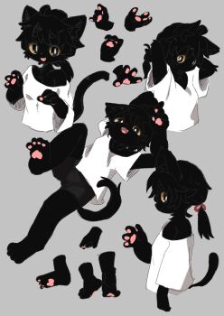 1girl absurdres animal_ears bike_shorts black_eyes black_fur black_hair body_fur bright_pupils cat_ears cat_girl cat_tail colored_sclera cropped_torso fang fewer_digits furry furry_female grey_background highres looking_at_viewer lying on_back open_mouth original pawpads ponytail shirt sideways_glance simple_background single_bare_shoulder solo tail tsukiya_(rajx3523) tying_hair white_pupils white_shirt yellow_sclera