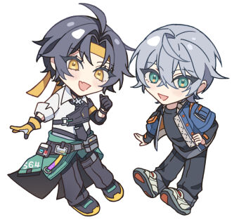 2boys ahoge asaba_harumasa asymmetrical_gloves black_choker black_gloves black_hair black_pants black_shirt blue_jacket blush chibi chibi_only choker clothes_around_waist commentary_request crossed_bangs fang full_body gloves green_hair grey_hair hair_between_eyes headband jacket knpe00 looking_at_viewer male_focus mismatched_gloves multiple_boys open_clothes open_mouth pants parted_bangs pendant_choker shirt shoes short_hair skin_fang sleeves_rolled_up white_shirt white_shoes wise_(zenless_zone_zero) yellow_eyes yellow_gloves yellow_headband zenless_zone_zero