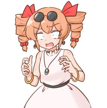 1girl bangle bare_shoulders black_eyes bow bracelet brown_hair commentary_request constricted_pupils dress drill_hair earrings hair_bow hands_up jewelry mizusoba nervous_sweating pendant red_bow round_eyewear scared short_hair simple_background sleeveless sleeveless_dress solo sweat touhou twin_drills white_background white_dress yorigami_jo&#039;on