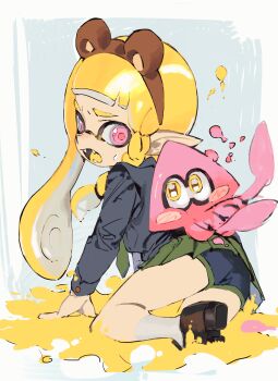 1girl absurdres all_fours animal_ears bear_ears black_jacket black_shorts blazer blonde_hair braid brown_footwear cho3oco_(1321883958) fake_animal_ears fang from_behind green_skirt highres inkling inkling_(swim_form) inkling_girl inkling_player_character jacket kneepits long_hair looking_back nintendo open_mouth pink_eyes pleated_skirt pointy_ears school_uniform shoes short_shorts shorts shorts_under_skirt skirt splatoon_(series) squid suction_cups tentacle_hair thighs