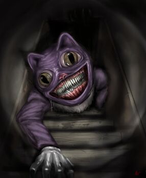 1other animal_ears artist_name cat cat_ears colored_skin commentary english_commentary fear_&amp;_hunger_(series) fear_&amp;_hunger_2:_termina flashlight_beam from_below gloves gums highres horror_(theme) indoors jacket long_sleeves looking_at_viewer monster monster_focus pocketcat_(fear_&amp;_hunger) protein1002 purple_jacket purple_skin sharp_teeth signature slit_pupils smile solo stairs teeth white_gloves yellow_eyes