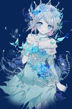 1girl blue_butterfly blue_dress blue_eyes blue_flower blue_rose blue_theme branch bug butterfly c: colored_skin crown dress earrings emma_woods emma_woods_(ghost_girl) eric_knikki floating_hair flower grey_hair head_wreath identity_v insect jewelry light_blush looking_at_viewer off_shoulder official_alternate_costume pearl_choker purple_flower rose smile solo twitter_username white_skin