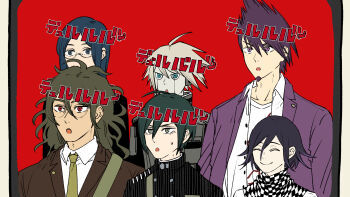 1girl 5boys ^_^ ahoge android aqua_hair bag black_jacket black_scarf blazer blue_eyes blue_hair border breast_pocket brown_jacket buttons checkered_clothes checkered_scarf closed_eyes coat coat_partially_removed collarbone collared_coat collared_jacket collared_shirt colored_tips covered_mouth danganronpa_(series) danganronpa_v3:_killing_harmony dark-skinned_male dark_skin double-breasted facial_hair formal_clothes gakuran glasses goatee gokuhara_gonta green_hair green_necktie grey_border grey_eyes hair_between_eyes happy height_difference high_collar highres jacket k1-b0 krmtknkoo1582 lapel_pin lapels long_eyelashes long_hair long_sleeves looking_ahead messy_hair momota_kaito multicolored_hair multiple_boys necktie nostrils notched_lapels oma_kokichi open_clothes open_jacket open_mouth pale_skin pillarboxed pinstripe_jacket pinstripe_pattern pocket purple_coat purple_eyes purple_hair red_background red_eyes round_eyewear saihara_shuichi scarf school_uniform shirogane_tsumugi shirt short_hair shoulder_bag smile spiked_hair surprised sweatdrop teeth thick_eyebrows translation_request two-tone_scarf undershirt upper_body upper_teeth_only v-neck white_jacket white_scarf white_shirt