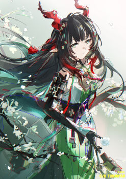 Rule 34 | 1girl, absurdres, arknights, arknights: endfield, bare shoulders, black gloves, black hair, breasts, commentary request, dragon girl, dragon horns, eastern dragon horns, falling petals, flower, gloves, gradient hair, green eyes, green hair, hair between eyes, highres, horns, large breasts, long hair, looking at viewer, multicolored hair, outdoors, petals, pointy ears, red hair, red horns, solo, tail, tumaomao, upper body, very long hair, white flower, white petals, zhuang fangyi (arknights)