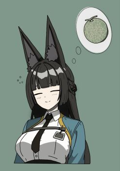 Rule 34 | 1girl, animal ear fluff, animal ears, aqua jacket, black hair, black necktie, black skirt, blunt bangs, blush, breasts, closed eyes, closed mouth, commentary, commentary request, cropped torso, english commentary, food, fox ears, fox girl, fruit, green background, head tilt, hibarakirari, high-waist skirt, highres, hoshimi miyabi, jacket, large breasts, long hair, melon, mixed-language commentary, necktie, simple background, skirt, smile, solo, speech bubble, spoken food, thought bubble, upper body, white background, zenless zone zero