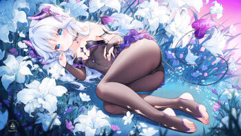 1girl artist_logo artist_name bare_shoulders black_bridal_gauntlets black_choker black_panties black_ribbon blue_eyes blush bodystocking breasts bridal_gauntlets bridal_legwear cameltoe choker closed_mouth covered_navel demon_girl demon_horns demon_tail demon_wings elbow_gloves flower flower_request frilled_skirt frills gloves hair_ribbon highres horns jewelry logo long_hair lying microskirt mini_wings on_side original outdoors panties pendant pendant_choker purple_horns purple_nails purple_ribbon purple_skirt purple_wings ribbon sample_watermark skirt small_breasts solo suaynnai_wanzi tail underwear watermark white_flower white_hair wings