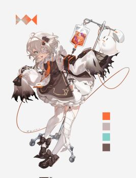 1girl apron aqua_eyes armband bandaged_leg bandages black_apron black_armband black_dress black_flower black_ribbon black_shoes commentary dress eyepatch flower frilled_apron frills full_body ghost grey_background grey_hair hair_between_eyes hair_flower hair_ornament halloween halloween_costume highres intravenous_drip iwai_ku_tsuki lanyard long_hair long_sleeves looking_at_viewer multicolored_armband multicolored_dress necktie open_mouth orange_armband orange_necktie original ribbon shoes simple_background sleeves_past_wrists syringe thighhighs torn_clothes torn_dress twitter_username two-tone_armband two-tone_dress white_dress white_thighhighs