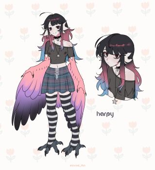 1girl absurdres ahoge bags_under_eyes black_choker black_eyes black_feathers black_hair blue_hair breasts bridal_legwear choker commentary english_commentary feathers gradient_hair gradient_wings high-waist_skirt highres jewelry looking_at_viewer multicolored_hair multicolored_wings multiple_views necklace nipples original pink_feathers pink_hair see-through_clothes see-through_shirt shirt skindentation skirt small_breasts smile star_(symbol) star_necklace striped_clothes striped_thighhighs thighhighs unreal_fish wings zettai_ryouiki