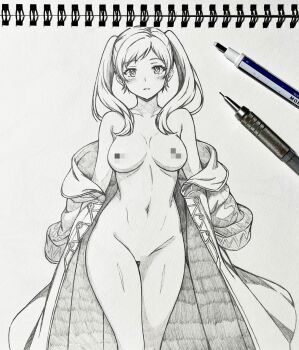 1girl art_tools_in_frame blush breasts censored censored_nipples collarbone commentary_request female_robin_(fire_emblem) fire_emblem fire_emblem_awakening graphite_(medium) greyscale highres looking_at_viewer medium_breasts monochrome mosaic_censoring naked_robe navel nintendo nude open_clothes open_robe photo_(medium) pussy robe seishun_dendeke solo standing traditional_media twintails undressing