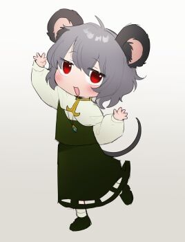 1girl animal_ear_fluff animal_ears blush commentary_request cookie_(touhou) full_body green_shoes green_skirt green_vest grey_hair highres jewelry long_sleeves looking_at_viewer morinopome2 mouse_ears mouse_girl mouse_tail nazrin necklace nyon_(cookie) open_mouth pendant red_eyes shirt shoes short_hair simple_background skirt skirt_set smile solo tail touhou vest white_background white_shirt