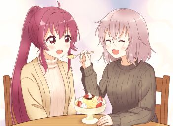 Rule 34 | 2girls, ^ ^, ahoge, black sweater, blush, chair, cherry, closed eyes, commentary, cream, feeding, food, fruit, glasses, grey hair, hair intakes, highres, holding, holding spoon, honzoumiz, ikeda chitose, jacket, long hair, long sleeves, multiple girls, open clothes, open jacket, open mouth, ponytail, pudding, purple eyes, purple hair, rimless eyewear, round eyewear, short hair, simple background, sitting, sleeves past wrists, spoon, strawberry, sugiura ayano, sweater, table, tareme, turtleneck, turtleneck sweater, upper body, white sweater, yellow jacket, yuri, yuruyuri