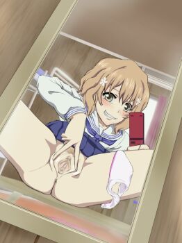 10s 1girl air_conditioner anus bed blonde_hair blonde_pubic_hair blush bunk_bed camera cellphone censored clitoral_hood colored_pubic_hair curtains dom_(jiromike2000) female_focus female_pubic_hair flip_phone grin hanasaku_iroha looking_at_viewer matsumae_ohana mirror mosaic_censoring panties panties_around_leg phone pink_panties presenting pubic_hair pussy reflection school_uniform selfie serafuku short_hair sitting skirt_around_belly smile socks solo spread_legs spread_pussy underwear window