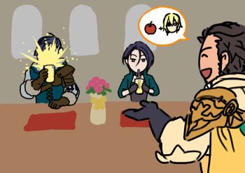 Rule 34 | 1girl, 2boys, apple, apple juice, brown hair, claude von riegan, claude von riegan (timeskip), commentary, cup, dimitri alexandre blaiddyd, dimitri alexandre blaiddyd (timeskip), felix hugo fraldarius, felix hugo fraldarius (timeskip), fire emblem, fire emblem: three houses, food, fruit, gloves, holding, holding cup, juice, kita senri, multiple boys, nintendo, shamir nevrand, short hair, spoken character, spoken food, table, untranslatable commentary