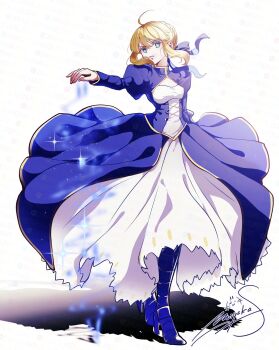 Rule 34 | 1girl, above-cleavage cutout, ahoge, artoria pendragon (fate), blonde hair, blue boots, blue dress, blue ribbon, boots, braid, breasts, bun with braided base, clothing cutout, commentary, dress, fate/stay night, fate (series), floating clothes, full body, green eyes, hair bun, hair ribbon, high heels, highres, juliet sleeves, long sleeves, looking at viewer, miyaka (58305841), parted lips, puffy sleeves, ribbon, saber (fate), shadow, sidelocks, signature, simple background, small breasts, solo, standing, two-tone dress, white background, white dress