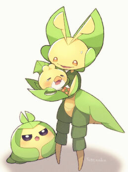 antennae artist_name blush closed_eyes evolutionary_line gen_5_pokemon highres holding holding_pokemon leavanny nintendo no_humans open_mouth pokemon pokemon_(creature) sewaddle signature simple_background swadloon totennko white_background