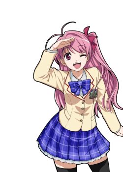 1girl antenna_hair black_thighhighs blazer bow bowtie brown_jacket chaos;head collared_shirt commentary_request dress_shirt eibon hair_bow highres jacket lapels looking_at_viewer miniskirt notched_lapels one_eye_closed one_side_up pink_eyes pink_hair plaid_bow plaid_bowtie plaid_clothes plaid_skirt pleated_skirt purple_bow purple_bowtie purple_skirt sakihata_rimi salute school_emblem school_uniform science_adventure shirt skirt solo suimei_academy_school_uniform teeth thighhighs tongue upper_teeth_only white_shirt