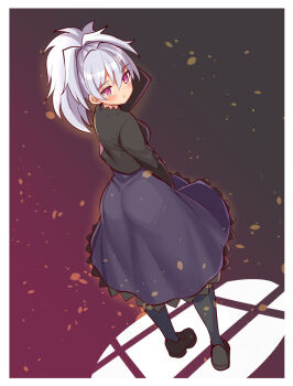 1girl ass closed_mouth commentary_request commission cougar_(cougar1404) darker_than_black dress full_body grey_hair long_hair looking_at_viewer pantyhose ponytail purple_dress purple_eyes skeb_commission solo white_hair yin_(darker_than_black)