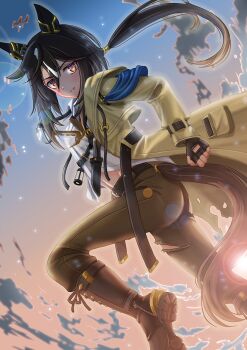 Rule 34 | 1girl, animal ears, asymmetrical shirt, black boots, black hair, black pants, blush, boots, breasts, brown hair, closed mouth, cloud, coat, commentary request, ear covers, goggles, goggles around neck, hair between eyes, highres, horse ears, horse girl, horse tail, knife, knife sheath, long hair, looking at viewer, midriff, multicolored hair, navel, otono (bkt4b), pants, ponytail, purple eyes, sheath, shirt, sky, smile, solo, stay gold (sunlit outsider) (umamusume), stay gold (umamusume), streaked hair, tail, torn clothes, torn coat, torn pants, umamusume, white hair, white shirt, wrist belt, yellow coat