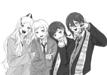 Rule 34 | 4girls, alternate costume, blush, braid, cardigan, chainsaw man, commentary request, cross-shaped pupils, demon horns, double-parted bangs, fingernails, greyscale, gyaru, hair between eyes, higashiyama kobeni, highres, horns, iing naoe, kogal, long sleeves, looking at viewer, mole, mole under eye, monochrome, multiple girls, necktie, plaid clothes, plaid scarf, power (chainsaw man), reze (chainsaw man), sawatari akane (chainsaw man), scarf, school uniform, simple background, smile, straight hair, symbol-shaped pupils, twin braids, upper body, v, v over mouth, w, white background