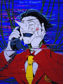 1boy black_hair cable collared_shirt corded_phone crying crying_with_eyes_open dated deltarune doll_joints glitch hand_on_own_face highres holding holding_phone jacket joints long_nose male_focus necktie phone pointy_nose red_jacket shirt short_hair smile solo spamton_g._spamton spamton_g._spamton_(big_shot) sweat tears teeth twitter_username upper_body utdr_(toby_fox) white_shirt yellow_necktie yomunow