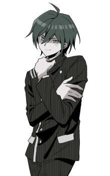 1boy ahoge black_hair black_pants danganronpa_(series) danganronpa_v3:_killing_harmony hair_between_eyes hairstarfish hand_up jacket long_sleeves male_focus pants saihara_shuichi short_hair simple_background smile solo striped_clothes striped_jacket striped_pants white_background