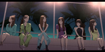 6+girls bare_shoulders black_boots black_dress black_shoes blue_dress bob_cut boots braid brown_hair chinese_commentary closed_mouth commentary_request crossed_legs dress eunha_(gfriend) gfriend gloves green_hair green_pants half_updo halterneck highres letterboxed long_hair looking_to_the_side multiple_girls palm_tree pants shoes sinb_(gfriend) sitting sneakers sowon_(gfriend) spotlight tree umji_(gfriend) vivid507 white_shoes yellow_dress yerin_(gfriend) yuju_(gfriend)