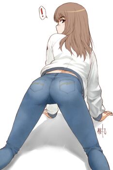 ! 1girl all_fours ass brown_eyes brown_hair commentary_request denim from_behind highres jacket jeans kikumaru_bunta kiruko_(tengoku_daimakyou) long_hair looking_at_viewer looking_back pants simple_background solo speech_bubble spoken_exclamation_mark tengoku_daimakyou white_background white_jacket