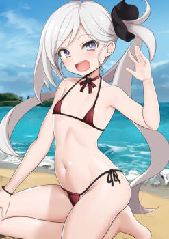 1girl :d asaga_aoi barefoot beach bikini blue_archive day flat_chest gradient_eyes grey_hair kneeling loli long_hair looking_at_viewer micro_bikini multicolored_eyes mutsuki_(blue_archive) navel neck_ribbon ocean open_mouth outdoors pink_eyes purple_eyes red_bikini red_ribbon ribbon side-tie_bikini_bottom side_ponytail smile solo stomach string_bikini swimsuit very_long_hair waving