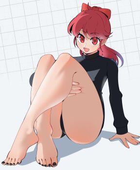 1girl :d absurdres ass bare_legs barefoot black_leotard black_nails bow commentary crossed_ankles english_commentary eyelashes feet full_body gjh grid_background hair_bow highres knees_up legs leotard long_sleeves nail_polish open_mouth persona persona_5 persona_5_the_royal ponytail red_bow red_eyes red_hair shadow sitting smile solo thick_thighs thighs toenail_polish toenails toes yoshizawa_kasumi