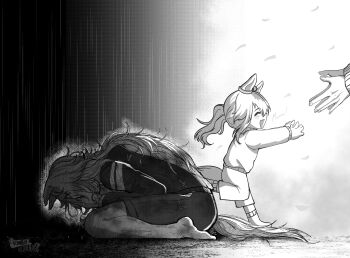 2girls absurdres age_progression ahoge animal_ears barefoot blush crying despair ear_ornament exocorpse greyscale hair_between_eyes hand_over_face happy highres horse_ears horse_girl horse_tail jacket long_hair long_sleeves monochrome multiple_girls oguri_cap&#039;s_mother_(umamusume) oguri_cap_(umamusume) open_mouth pants ponytail rain shadow shorts smile socks spoilers tail tracen_training_uniform track_jacket track_pants track_suit umamusume umamusume:_cinderella_gray
