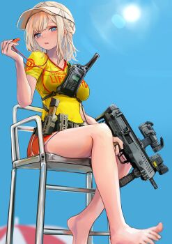 Rule 34 | 1girl, absurdres, barefoot, blonde hair, blue eyes, blue sky, braid, breasts, chair, commentary request, day, gun, hat, highres, holding, holding gun, holding weapon, lifeguard, lifeguard chair, lithographica, on chair, original, outdoors, parted lips, scope, shirt, short sleeves, sitting, sky, solo, teeth, toes, upper teeth only, visor cap, walkie-talkie, weapon, weapon request, whistle, whistle around neck, white hat, yellow shirt