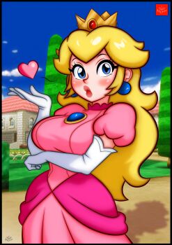 1girl arm_under_breasts blonde_hair blowing_kiss blue_eyes blush breasts crown dress gloves heart highres large_breasts legs long_hair looking_at_viewer mario_(series) nintendo pink_lips princess princess_peach puckered_lips solo thighs yularcher