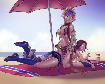 00s 2girls ass beach beach_towel breasts female_focus final_fantasy final_fantasy_x final_fantasy_x-2 highres lying multiple_girls on_stomach outdoors panties panty_pull reptileye rikku_(ff10) sky thong towel umbrella underwear wedgie yuna yuri