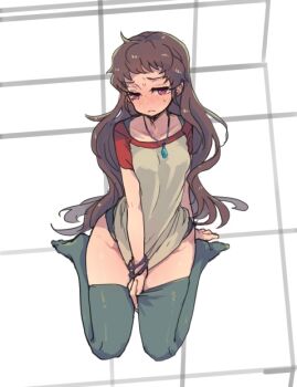 Rule 34 | 1girl, arm behind back, blush, bottomless, bracelet, brown hair, closed mouth, embarrassed, freckles, frown, full body, grey shirt, grey thighhighs, isuzu (log horizon), jewelry, log horizon, long hair, mo (deciliter), pendant, red eyes, red sleeves, shirt, shirt tug, short sleeves, sitting, sketch, solo, thighhighs, very long hair, wariza