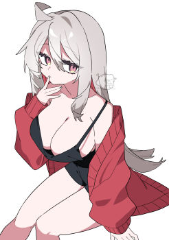 1girl absurdres ahoge arm_support bare_shoulders black_dress black_tank_top bored breasts cardigan cleavage collarbone colored_inner_hair commentary_request diamond-shaped_pupils diamond_(shape) dress expressionless grey_hair hair_between_eyes hair_intakes hand_to_own_mouth highres large_breasts long_hair long_sidelocks looking_at_viewer loose_clothes ma_tai_(oimotororo1116) multicolored_hair no_bra off_shoulder oimotororo1116 open_cardigan open_clothes original pink_eyes red_cardigan red_hair sidelocks signature sitting solo symbol-shaped_pupils tank_top thick_eyelashes thighs tsurime unkempt white_background