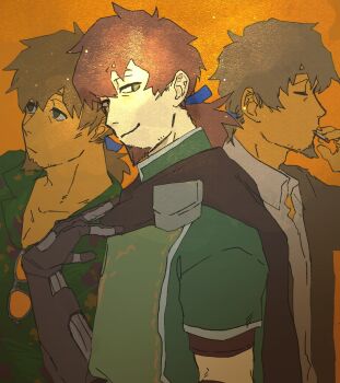 Rule 34 | 1boy, azi pra, black jacket, blue ribbon, brown eyes, brown hair, cheekbones, cigarette, collarbone, commentary request, facial hair, fate/grand order, fate (series), goatee, green shirt, green tabard, green tunic, hector (fate), highres, jacket, male focus, mature male, multiple views, orange background, ponytail, ribbon, shirt, smile, smoking, tabard, tunic