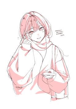 1girl absurdres cellphone commentary_request cropped_torso double-parted_bangs earphones grin hand_up highres holding holding_earphones holding_phone kohe_billialot long_sleeves looking_at_viewer monochrome original phone pink_theme short_hair sleeves_past_wrists smartphone smile solo sweater translation_request