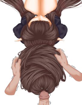 Rule 34 | 1girl, bebekp, brown hair, fate/apocrypha, fate (series), from above, grabbing another's hair, hair bun, hair flowing over, hair focus, hairjob, hand in another's hair, highres, holding another's hair, jacket, long hair, penis, semiramis (fate), simple background, single hair bun, sitting, suit jacket, veins, veiny penis, very long hair, white background