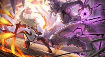2girls absurdres armored_corset bare_shoulders black_necktie blonde_hair breasts brown_necktie cleavage collared_dress corset demon_girl demon_horns demon_wings dress drill_hair duel_monster fighting gloves green_eyes grey_corset grey_eyes grey_hair highres holding holding_sword holding_weapon horns large_breasts lovely_labrynth_of_the_silver_castle low_wings multiple_girls multiple_wings necktie pointy_ears saikre sky_striker_ace_-_raye sword transparent_wings twin_drills two-tone_dress weapon white_dress white_horns wings yu-gi-oh!