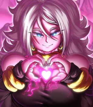 1girl android_21 bare_shoulders blue_eyes bracelet colored_skin detached_sleeves dragon_ball dragon_ball_fighterz earrings electricity energy energy_ball energy_heart female_focus heart heart_(symbol) heart_hands highres hoop_earrings jewelry kwalker1009 long_hair looking_at_viewer majin_android_21 nail_polish pink_electricity pink_skin solo upper_body white_hair