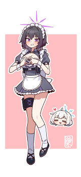 2girls april_fools black_hair blue_archive blue_halo blush full_body grey_hair halo heart heart_hands junsuina_fujunbutsu legband looking_at_viewer maia_(blue_archive) maid maid_headdress multiple_girls official_alternate_costume pink_background purple_eyes purple_halo short_hair skirt subaru_(blue_archive) twitter white_skirt
