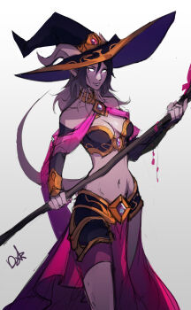 1girl armor bikini_armor black_hair breasts cleavage closed_mouth colored_skin detached_sleeves distr draenei grey_skin hat highres holding holding_staff horns horns_through_headwear large_breasts long_hair long_sleeves looking_at_viewer mage_(warcraft) midriff mole mole_under_eye navel pelvic_curtain simple_background smile solo staff tail warcraft white_background white_eyes witch_hat world_of_warcraft