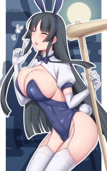 1girl alternate_costume animal_ears black_hair blue_leotard blunt_bangs blush bow bowtie breasts cleavage closed_eyes covered_navel elbow_gloves fake_animal_ears fake_tail gloves hammer highleg highleg_leotard highres hime_cut holding holding_hammer holding_weapon kaguya_jingu large_breasts leotard long_hair moon open_mouth pantyhose playboy_bunny rabbit_ears rabbit_tail solo soukitsu tail under_night_in-birth under_night_in-birth_2_sys:celes very_long_hair weapon wrist_cuffs