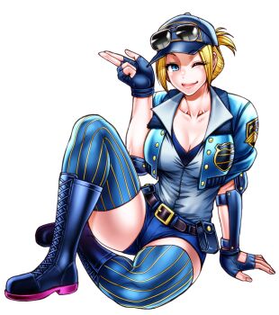 Rule 34 | 1girl, arm support, belt, black boots, blonde hair, blue eyes, blue thighhighs, boots, breasts, capcom, chiba toshirou, cleavage, collarbone, cropped jacket, elbow pads, eyebrows visible through hat, eyelashes, eyewear on headwear, female focus, final fight, final fight 3, fingerless gloves, full body, gloves, hat, lace-up boots, large breasts, legs, lucia morgan, one eye closed, police, police hat, short shorts, shorts, simple background, sitting, smile, solo, street fighter, street fighter v, sunglasses, thighhighs, thighs, white background, wink