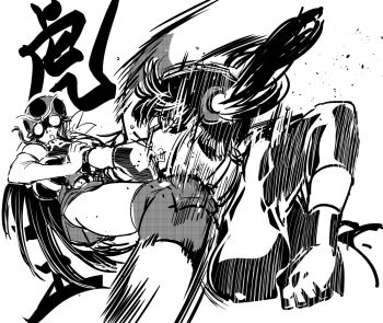 2girls breasts cleavage electro_wave_human_tackle fighting gloves injury kicking large_breasts leotard lips long_hair looking_at_another monochrome motion_lines multiple_girls okada_yuriko punching restrained skirt toujima_tanzaburou_wa_kamen_rider_ni_naritai twintails violence white_background wide_hips yukarisu