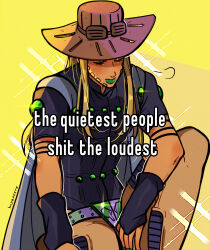 Rule 34 | 1boy, absurdres, artist name, blonde hair, closed eyes, commentary, cowboy hat, english commentary, english text, facial hair, goggles, goggles on headwear, green lips, gyro zeppeli, hat, highres, holster, huyandere, jojo no kimyou na bouken, long hair, male focus, profanity, shirt, signature, sitting, solo, sparkling aura, steel ball run, t-shirt